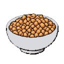 A white bowl overflowing with golden-brown, spherical cereal pieces.