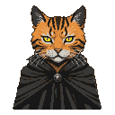 Orange tabby cat necromancer with yellow eyes, wearing a dark cloak with a metallic clasp.