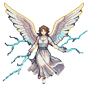 Majestic angel with expansive feathered wings, emanating electric blue lightning from outstretched hands, wearing a flowing white gown.