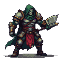 Skeletal warrior in dark, ornate armor with gold accents and a red sash, wearing a deep green hood and cape, holding a weapon.