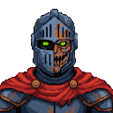 Grim knight with a split face: a blue-grey helmet on the left revealing an emerald eye, and a mummified face with a gaping maw and glowing green eye on the right. A red cape drapes over dark armor.