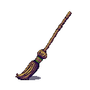 A brown and purple broom with a textured wooden handle stands against a black background.