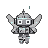A metallic pixie with grey plating, cyan light from its chest and bladed wings, and a knight-like helmet with square eyes.
