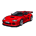 Vibrant red pixel art sports car with rear spoiler and alloy wheels on a black background.