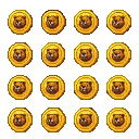 Sixteen golden coins, each with a pixelated beaver emblem, arranged on a transparent background.