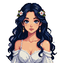 Young woman with dark blue hair and white flowers, wearing an off-the-shoulder white dress and dangling earrings, looking forward with wide blue eyes.