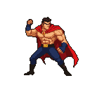 Muscular fighter in a red cape, blue pants, and dark boots, with a determined expression and clenched fists, in a retro pixelated style.