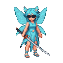 Cyan-haired pixie with feline ears, sunglasses, translucent wings, and a katana sword, wearing a tattered blue dress and gladiator sandals.