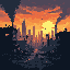 Desolate cityscape at sunset with abandoned buildings silhouetted against a fiery orange and yellow sky.