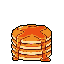 Stack of golden-brown pancakes with amber syrup.