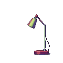 A solitary desk lamp in deep purple, green, and red against a black background.