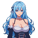 Young woman with light blue hair and blue eyes, wearing a dark dress with white lace trim and a choker, looking forward with a melancholic expression.