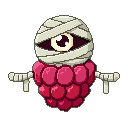 Raspberry mummy with a bandaged head and a body of pixelated raspberries, with thin, bone-like arms.