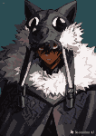A character wearing a dark, furry wolf-like hood with expressive eyes and a white fur collar, looking forward with a subtle smile.
