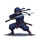 Shadowy ninja in a defensive crouch, holding a glinting katana horizontally. Piercing orange eyes are visible through their dark blue mask.