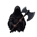 Hooded figure in dark, tattered robes holding a colossal, double-headed axe.