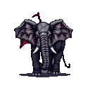 Armored elephant with glowing red eyes and white tusks, against a black background.