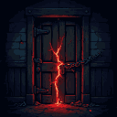 An old wooden door with glowing red cracks, chains breaking, and a dark hallway beyond.