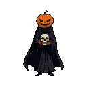 Pixel Art: character in cape with pumpkin head holding skull
