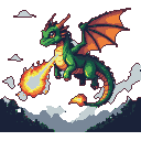 Green dragon breathing fire in a cloudy sky.