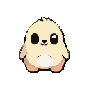 A small, fluffy, light-tan creature with large dark eyes and a tiny dark nose sits with a gentle, wistful expression.