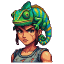Pixel Art: arcade oldshool style female with chameleon hat fighter char...