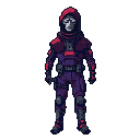 A shadowy figure in a red-hooded tactical suit with crimson accents and a pale, masked face with dark goggles stands against a black background.