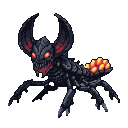 Menacing insectoid creature with spiky limbs, glowing red eyes, sharp teeth, and bioluminescent red and yellow egg-like growths on its posterior.