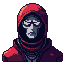 Crimson Hooded Figure: Dark Retro Portrait