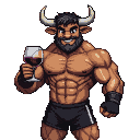 Anthropomorphic bull with horns, smirking, holding a glass of red wine, wearing black sport shorts.
