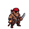Grizzled dwarf pirate with red bandana, black eyepatch, and glinting knife poised in right hand.