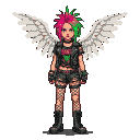 Punk teenager with a pink and green mohawk, wearing a leather jacket, ripped shorts, and fishnet stockings, with large white feathered wings.