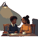 A boy and girl sit at a table with books and coffee cups, looking at each other in a dimly lit room.