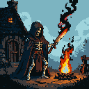 Cloaked skeletal figure with a flaming sword stands before a medieval cabin with a lit window and campfire.