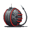 Menacing spherical robot with segmented metallic tail, glowing red lights, and crimson band.