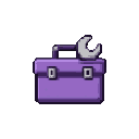 A purple and gray toolbox with a silver wrench on top.