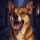 A rabid dog with its mouth open in a snarl, tongue lolling, in a dark alleyway.