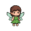 A small pixie with large eyes, a gentle smile, and unfurled translucent wings, wearing a leafy green dress.