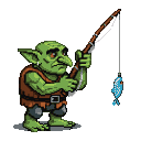 Grumpy green troll wearing tattered brown tunic and torn grey trousers, holding a fishing rod with a bright blue, pixelated fish on the line.