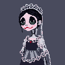 A pale, melancholic figure with large emerald green eyes, dark eyelids, and a thin red smile, wearing a gothic-style dress with lace trim and a red heart pendant.
