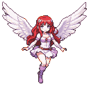 Serene angel girl with flowing crimson hair and blue eyes in mid-flight with large, feathered wings spread wide, wearing a delicate white outfit with pink accents and a red belt against a black background.