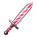 A sword with a translucent, candy cane striped blade and hilt, glowing softly.