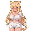 A shy neko girl with long blonde hair and fluffy cat ears, blushing and looking down. She wears a white lace-trimmed cropped top and fluffy white shorts, with a fluffy tail curled around her leg.