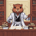 A capybara in a Soul Reaper uniform gestures with a pointer behind a desk in a classroom, with bookshelves and a scroll in the background.