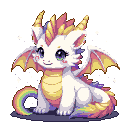 Pixel Art: A cute white fluffy dragons with rainbow colors mixed into his fur. He is being cute (generated with AI by Neoxiz).