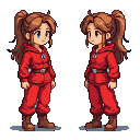 Two identical pixelated characters in red hooded jackets and pants, with high ponytails, stand in profile.