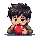 Child with brown hair and wide eyes happily biting a red apple.