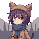 A child with large yellow eyes, purple bangs, and cat whiskers, wearing a brown cat-ear hat, brown coat, and blue scarf, stands before a foggy landscape with distant tower silhouettes.
