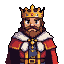 Regal king with golden crown, crimson cape lined with white fur, and a prominent brown beard and mustache.