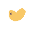A simple, amorphous yellow creature with a heart-like shape, featuring dark purple pixel eyes and mouth, on a black background.